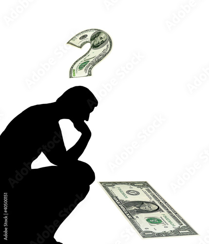 Photo: Thinking man. Money question, US dollars. Concept Thinking man. Money question, US dollars. Concept