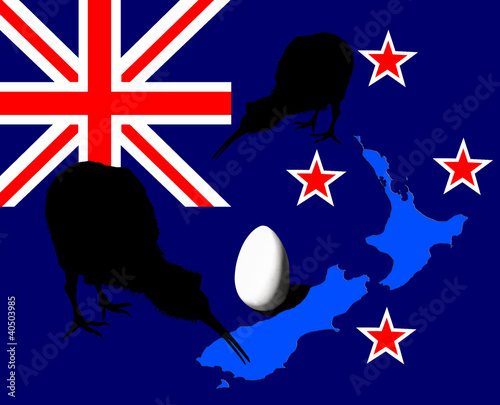 Illustration: Kiwi bird, egg over New Zealand flag Kiwi bird, egg over New Zealand flag