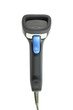 Direct front of black barcode scanner on white background.