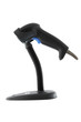 Side of black barcode scanner base placed on white background.