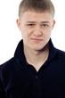 portrait of angry blond guy on white