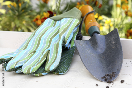 Photo: Hand trowel and gardening gloves Hand trowel and gardening gloves