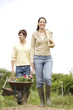 Photo: Man pushing wheelbarrow with potted flowers, woman holding spading fork Man pushing wheelbarrow with potted flowers, woman holding spading fork
