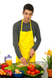 Chef man cutting green onion