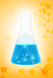 Laboratory glassware with color liquid and molecules