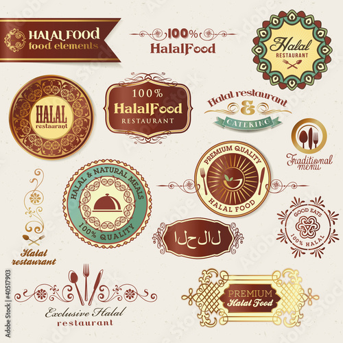 Vector: Halal food labels and elements Halal food labels and elements