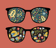 Retro sunglasses with space and insects reflection in it.