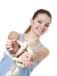 Photo: young woman with tied up hands over white young woman with tied up hands over white