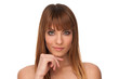 Beauty portrait of attractive young girl touching her shoulders