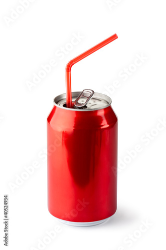 Photo: Aluminum can with the ring pull and straw Aluminum can with the ring pull and straw