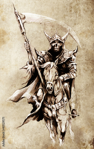 Illustration: Death. Sketch of tattoo art, warrior at horse illustration Death. Sketch of tattoo art, warrior at horse illustration