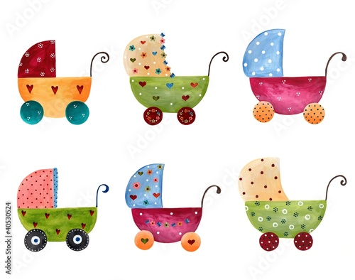 Illustration: Artwork. Set of baby prams Artwork. Set of baby prams