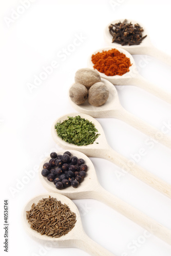 Photo: spices on wooden spoons spices on wooden spoons