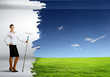 Illustration: Young businesswoman and nature background Young businesswoman and nature background