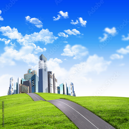 Illustration: Modern city surrounded by nature landscape Modern city surrounded by nature landscape
