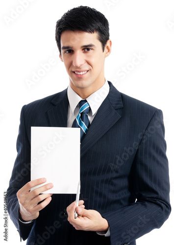 Photo: Businessman with signboard, isolated Businessman with signboard, isolated