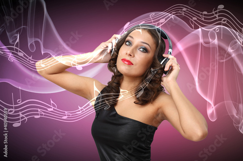 Illustration: Young woman in evening dress with headphones Young woman in evening dress with headphones