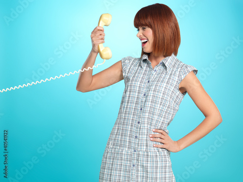 Photo: attractive young woman surprised face expression telephone attractive young woman surprised face expression telephone