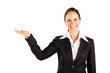 smiling businesswoman presenting on white