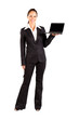 businesswoman presenting laptop on white