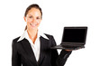 cheerful businesswoman presenting laptop computer on white