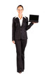 mid age businesswoman presenting laptop on white