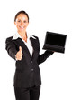 businesswoman holding laptop and giving thumb up