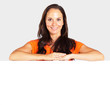 casual middle aged woman with blank white board