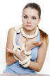 young woman tied up with rope over white