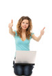 Photo: A woman with a laptop showing sign okay on white A woman with a laptop showing sign okay on white