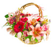 gift basket of lilias, roses and gerberas gift basket of lilias, roses and gerberas