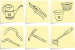 Gardening tools on yellow memo sticks - doodle style