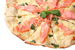 Pizza with salmon close up