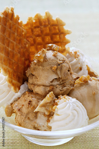 Photo: Walnut ice cream with caramelised nuts, cream & wafers Walnut ice cream with caramelised nuts, cream & wafers