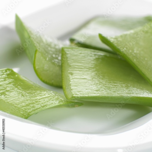Photo: Aloe vera leaves, sliced open and cut into pieces Aloe vera leaves, sliced open and cut into pieces
