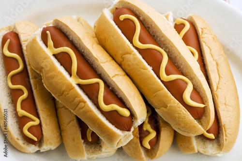Photo: Six hot dogs with mustard Six hot dogs with mustard