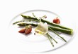 Green asparagus with oil, Parmesan, strawberries & pink pepper