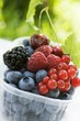 Assorted berries and two cherries in plastic punnet
