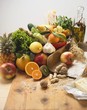 Fresh vegetables, fruit, nuts, flour, cheese and olive oil