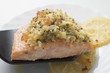 Baked salmon fillet on spatula
