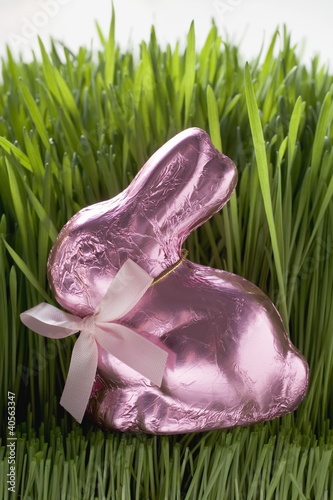 Photo: Pink chocolate Easter Bunny in grass Pink chocolate Easter Bunny in grass
