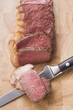 Beef steak with fatty edge, sliced