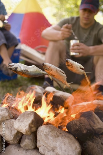 Photo: Father and son grilling fish over camp-fire Father and son grilling fish over camp-fire