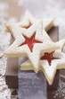 Star-shaped jam biscuits with icing sugar (Christmas)