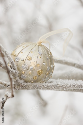 Photo: Christmas bauble on frost-covered branch out of doors Christmas bauble on frost-covered branch out of doors