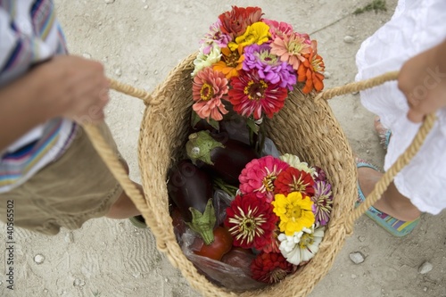 Photo: Children Holding Basket with Items from Farmer's Market Children Holding Basket with Items from Farmer's Market