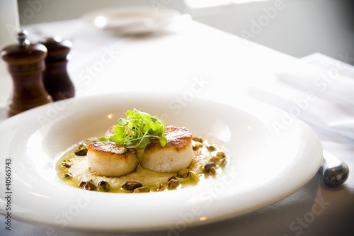 Photo: Seared Scallops in White Dish on Restaurant Table Seared Scallops in White Dish on Restaurant Table