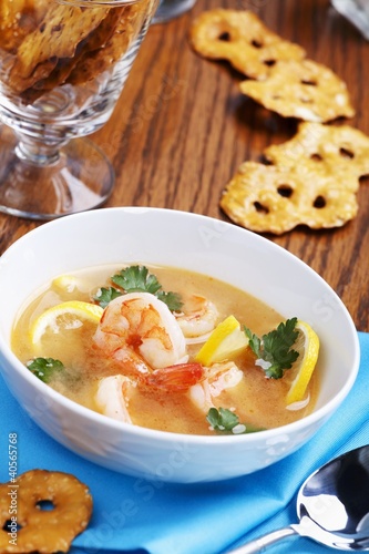 Photo: Bowl of Lemon Shrimp Soup; Crispy Crackers Bowl of Lemon Shrimp Soup; Crispy Crackers