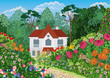 Vector: The house surrounded by lush blossoming garden. The house surrounded by lush blossoming garden.
