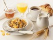 Breakfast: muesli, honey, orange juice, coffee & croissant